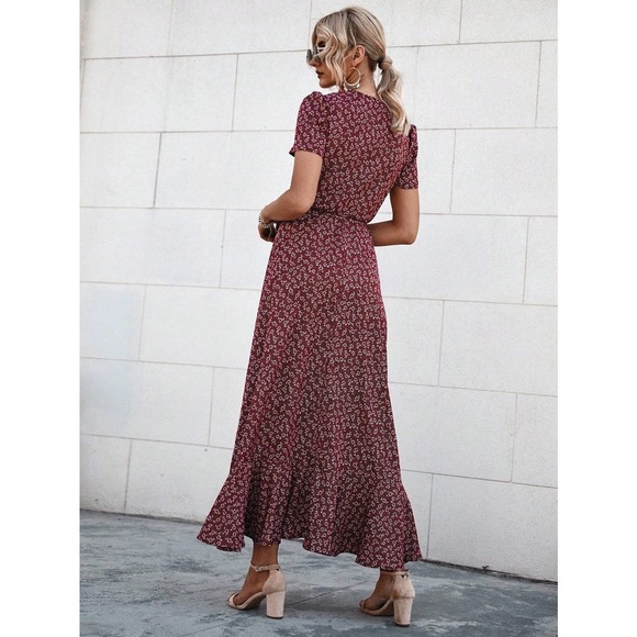 boho Floral Print Ruffle Hem Belted maxi Dress red - Picture 8 of 11